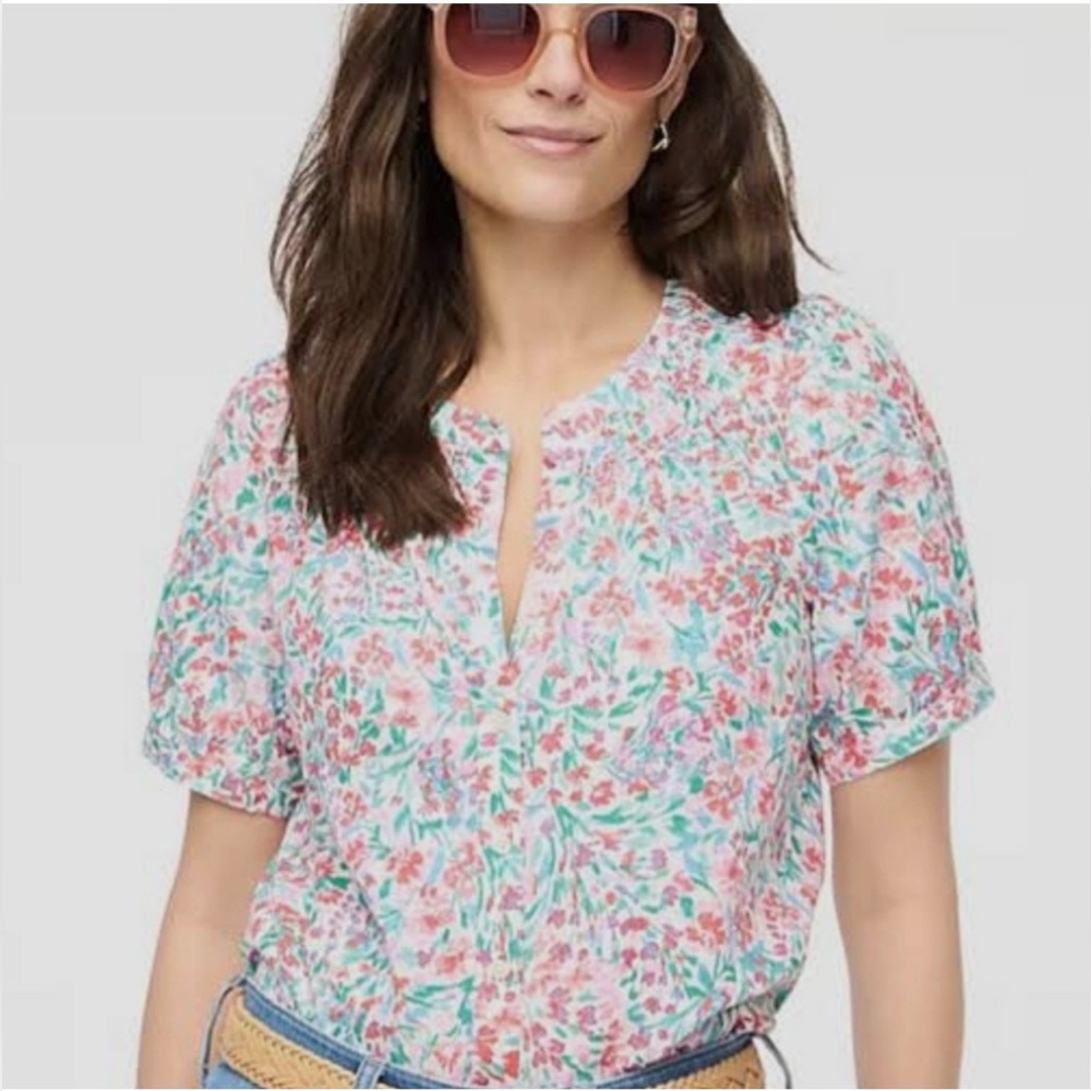 NWT, J.CREW FLORAL, SHORT SLEEVE TOP, COTTON/LINEN SIZE L